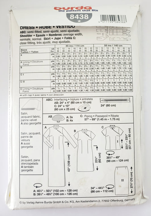 BURDA, Sewing Pattern 8438, Dress, Skirt, Top, Stand-up Collar, Oriental, Size 10-22