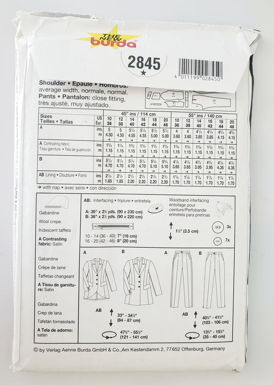 BURDA, Sewing Pattern 2845, Pants, Jackets, Jacket with Uneven Hem, Size 10-20