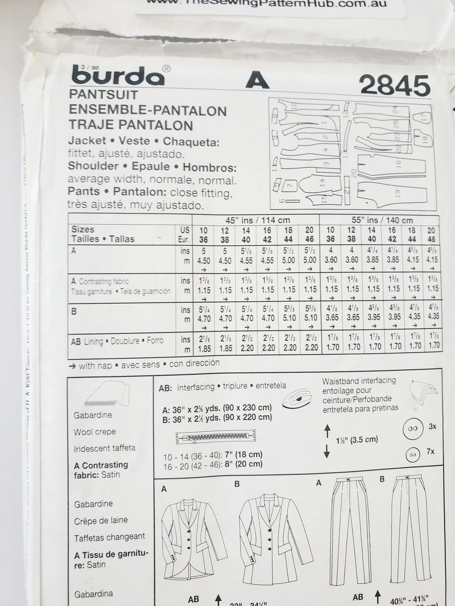 BURDA, Sewing Pattern 2845, Pants, Jackets, Jacket with Uneven Hem, Size 10-20