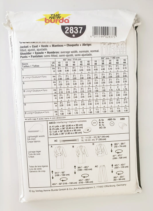 BURDA INTERNATIONAL, Sewing Pattern 2837, Pants, Jacket, Coat, Size 10-18