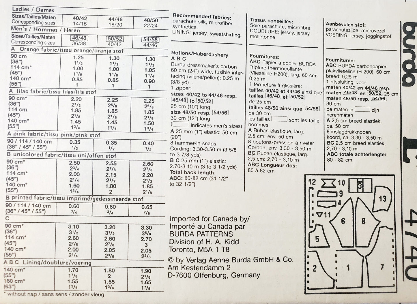 BURDA, Sewing Pattern 4740, Jacket with Parachute Fabric and Lining, Size 14-24