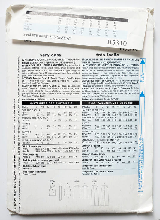 BUTTERICK Sewing Pattern B5310, Top, Skirt, Pants, Sash, Size 8-14