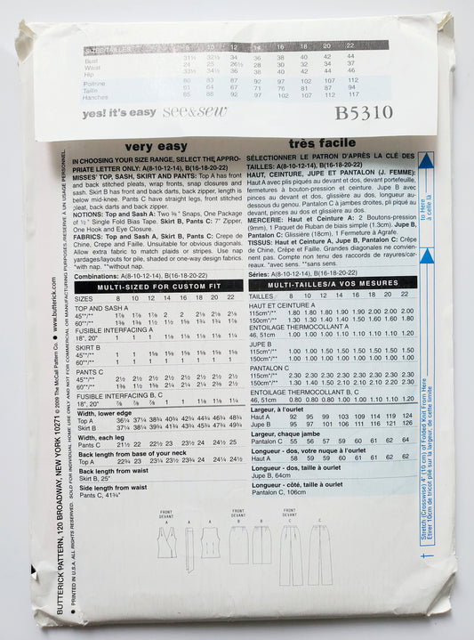 BUTTERICK Sewing Pattern B5310, Top, Skirt, Pants, Sash, Size 16-22
