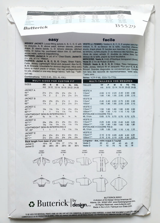 BUTTERICK Sewing Pattern B5529, Jackets, Bolero, Loose Fitting Jackets, Size 4-14