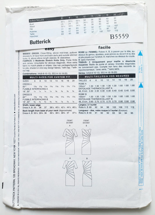 BUTTERICK Sewing Pattern B5559, Dress with Outside Stitched Tucks, Size 14-20