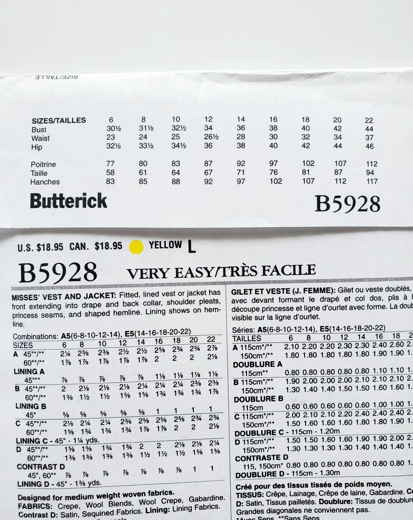 BUTTERICK Sewing Pattern B5928, Vest, Jacket, Size 6-14