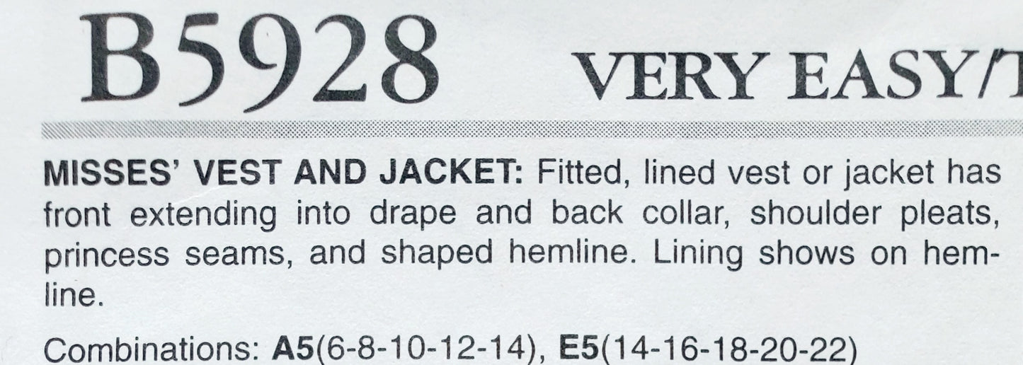 BUTTERICK Sewing Pattern B5928, Vest, Jacket, Size 14-22