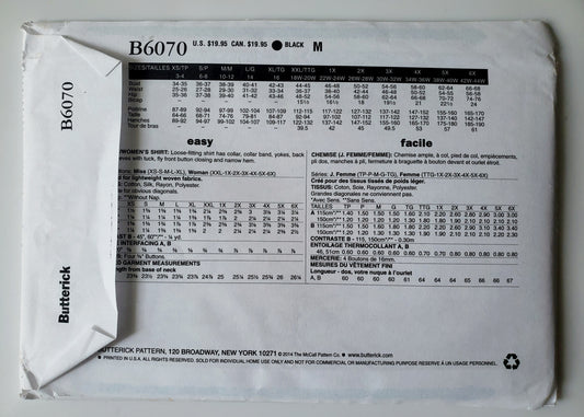 BUTTERICK Sewing Pattern B6070, Shirt, Losse-Fitting Shirt, Sleeves with Tuck, Size 18-44