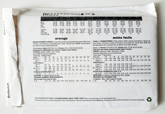 BUTTERICK Sewing Pattern B6222, Dress, Loose Fitting Dress, Asymmetrical, Size 18-44