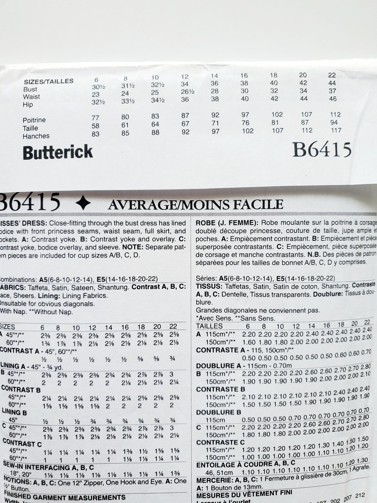 BUTTERICK Sewing Pattern B6415, Dress, Princess Seams, Full Skirt, Pockets, Contrast Overlay, Size 6-14