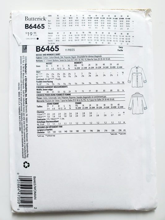 BUTTERICK Sewing Pattern B6465, Shirt, Size 18-44