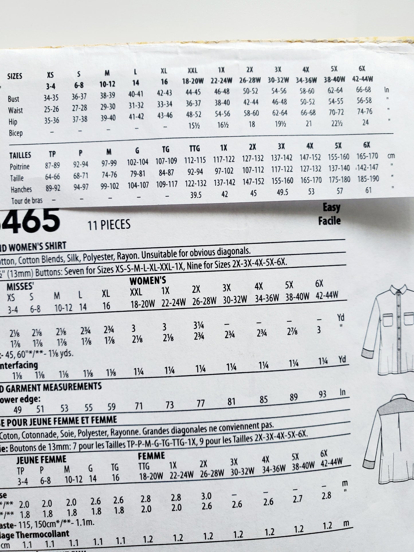 BUTTERICK Sewing Pattern B6465, Shirt, Size 18-44