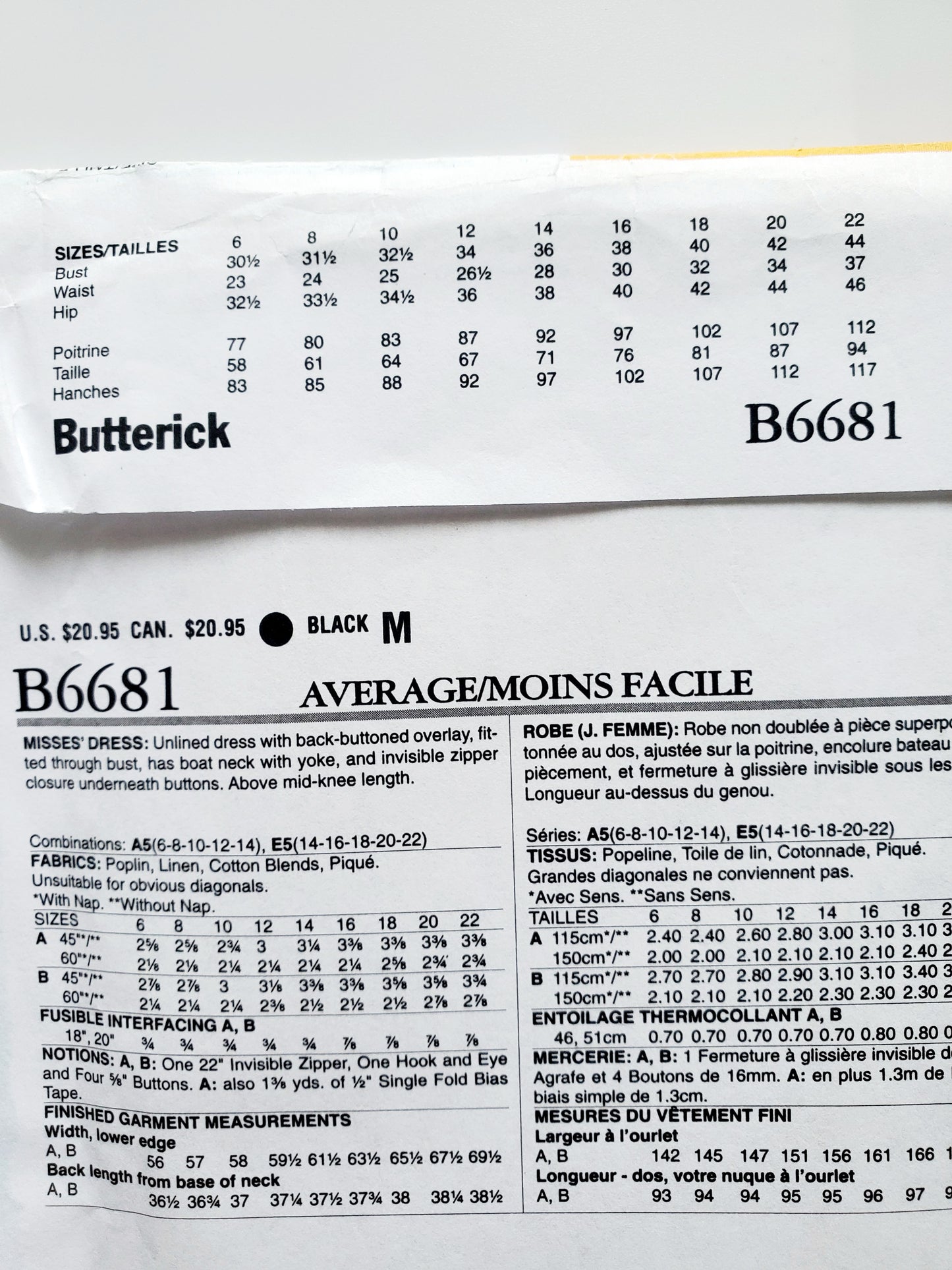 BUTTERICK Sewing Pattern B6681, Dress, Boat Neck, Yoke, Size 14-22