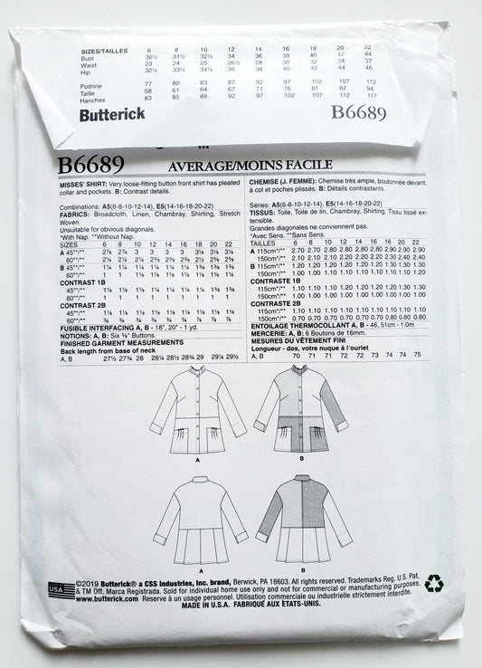 BUTTERICK Sewing Pattern B6689, Shirt, Loose Fitting, Pleated Collar, Contrast, Size 6-14