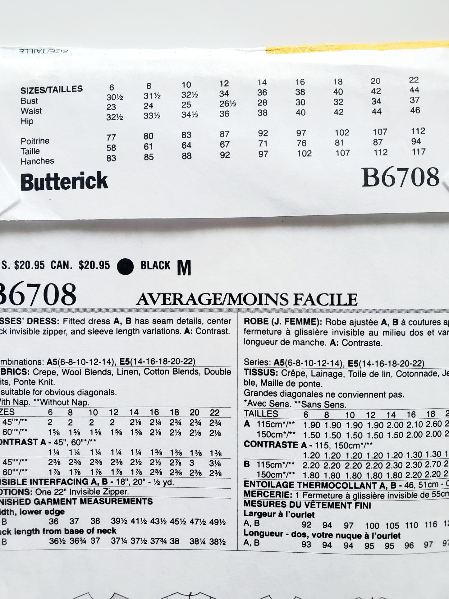 BUTTERICK Sewing Pattern B6708, Dress, Fitted Dress, Contrast, Size 6-14