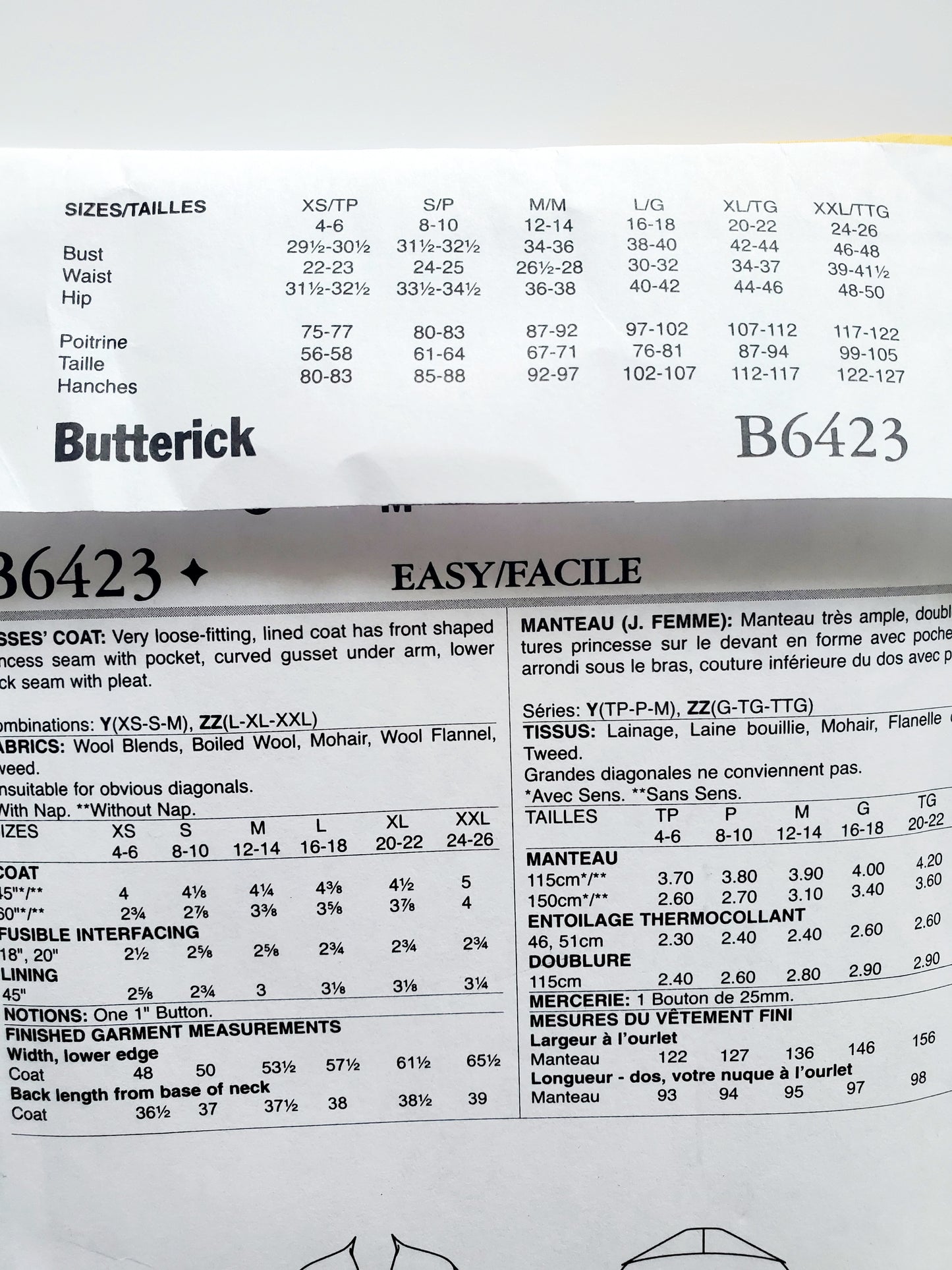 BUTTERICK Sewing Pattern B6423, Coat, Loose Fitting, Princess Seam, Pockets, Size 16-26