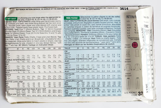 BUTTERICK Sewing Pattern 3614, Vest, Top, Pants, Size 12-16
