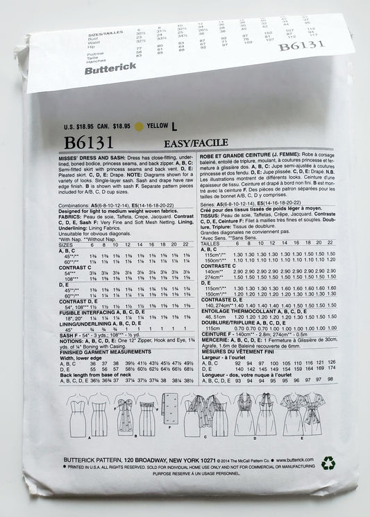 BUTTERICK Sewing Pattern B6131, Dress, Sash, Boned Bodice, Princess Seams, Vent, Size 6-14