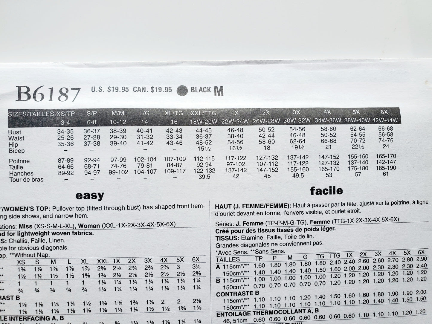 BUTTERICK Sewing Pattern B6187, Top, Pull-over, Shaped Hemline, Size 3-16