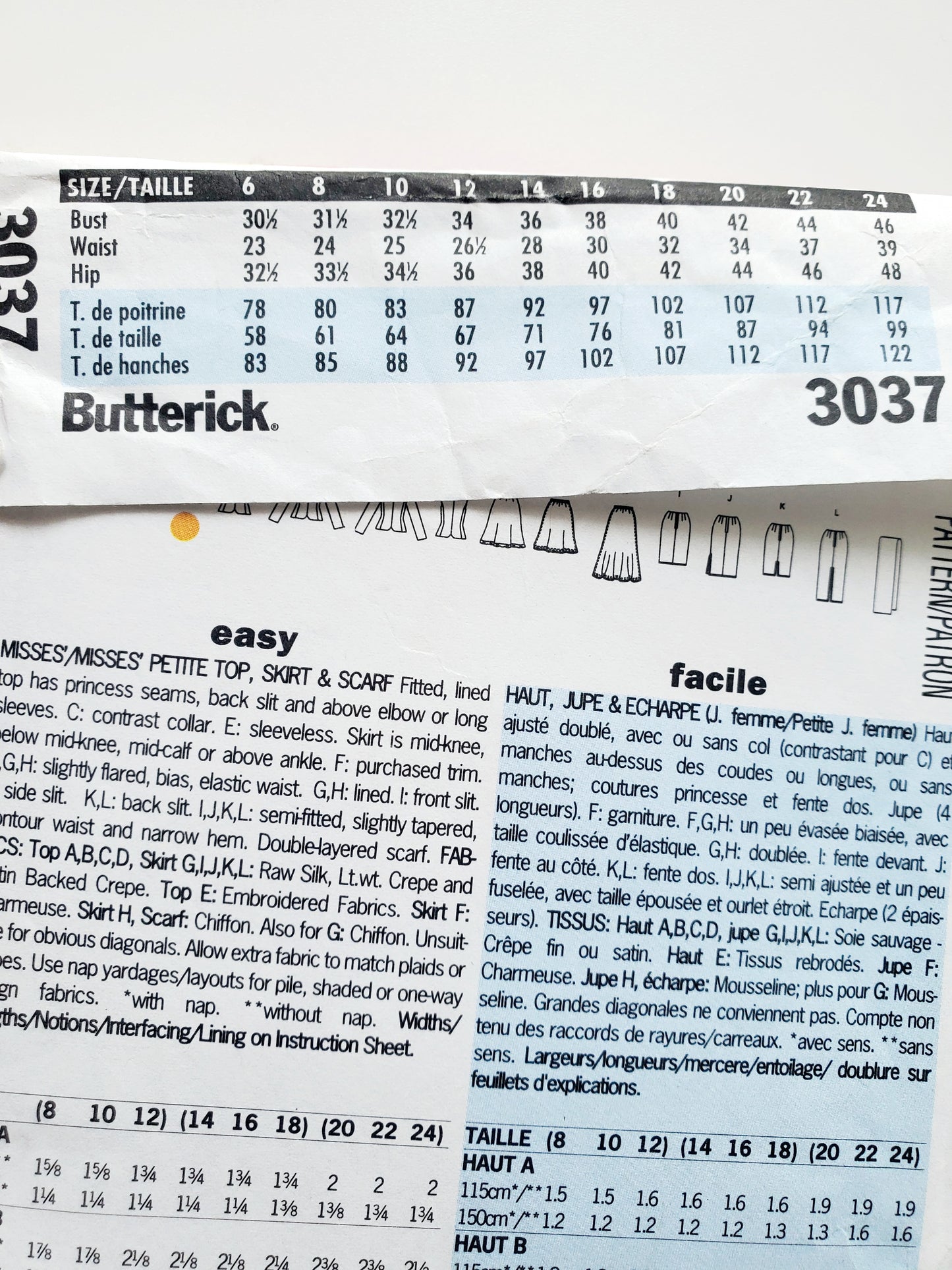 BUTTERICK Sewing Pattern 3037, Top, Skirt, Scarf, Size 14-18