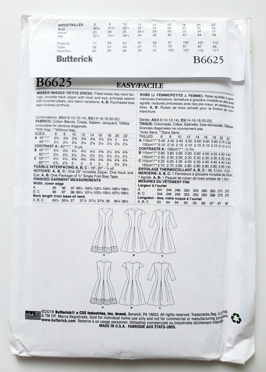 BUTTERICK Sewing Pattern B6625, Dress, Fitted, Inverted Pleats, Princess Seams, Size 6-14