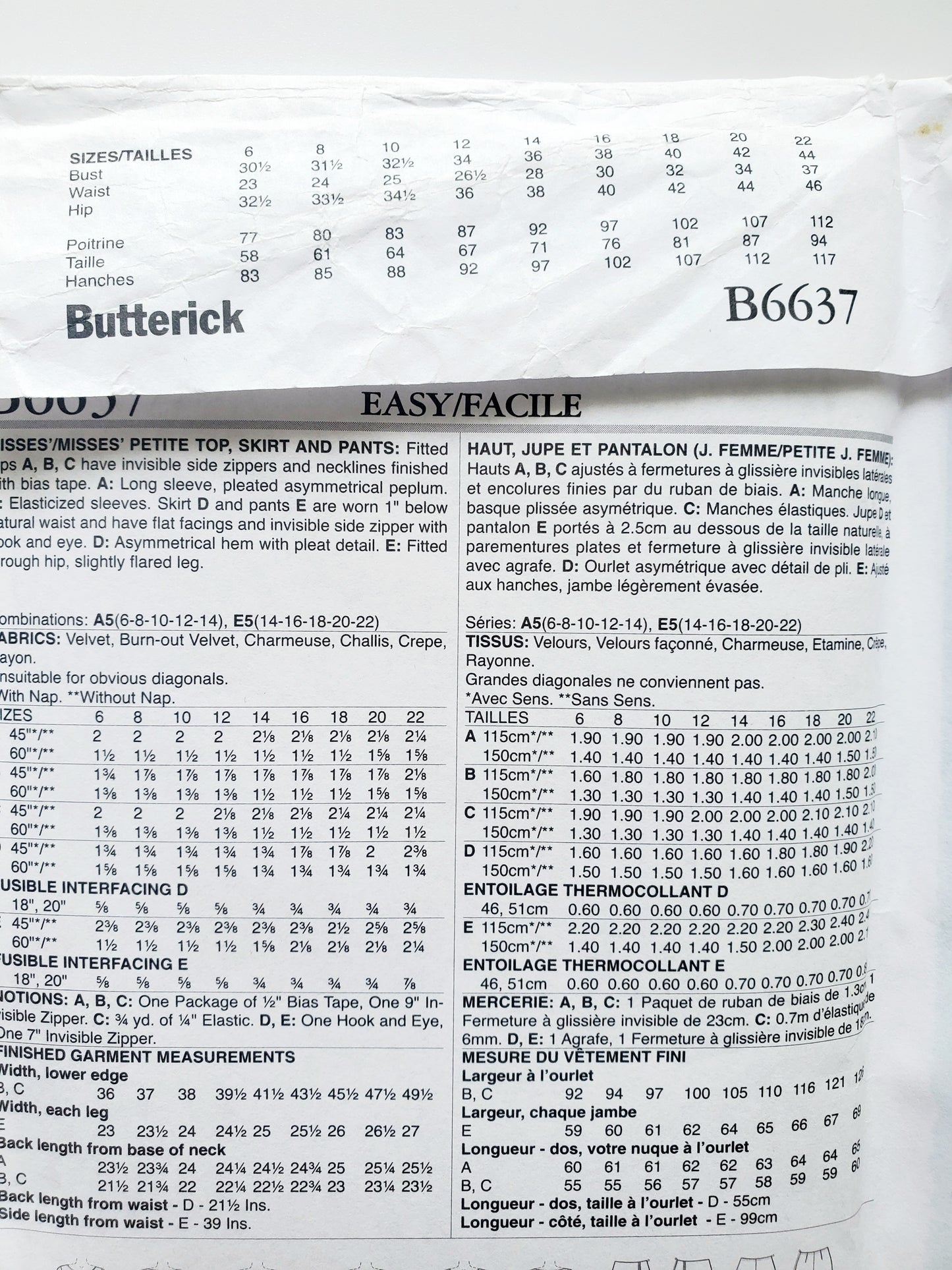 BUTTERICK Sewing Pattern B6637, Top, Skirt, Pants, Fitted, Asymmetrical, Peplum, Elasticized Sleeves, Size 6-14