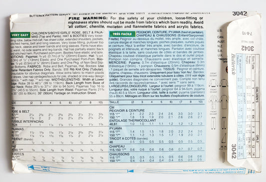 BUTTERICK Sewing Pattern 3042, Kids, Boys, Girls, Unisex, Robe, Pajamas, Hat, Boots, Size 7-10