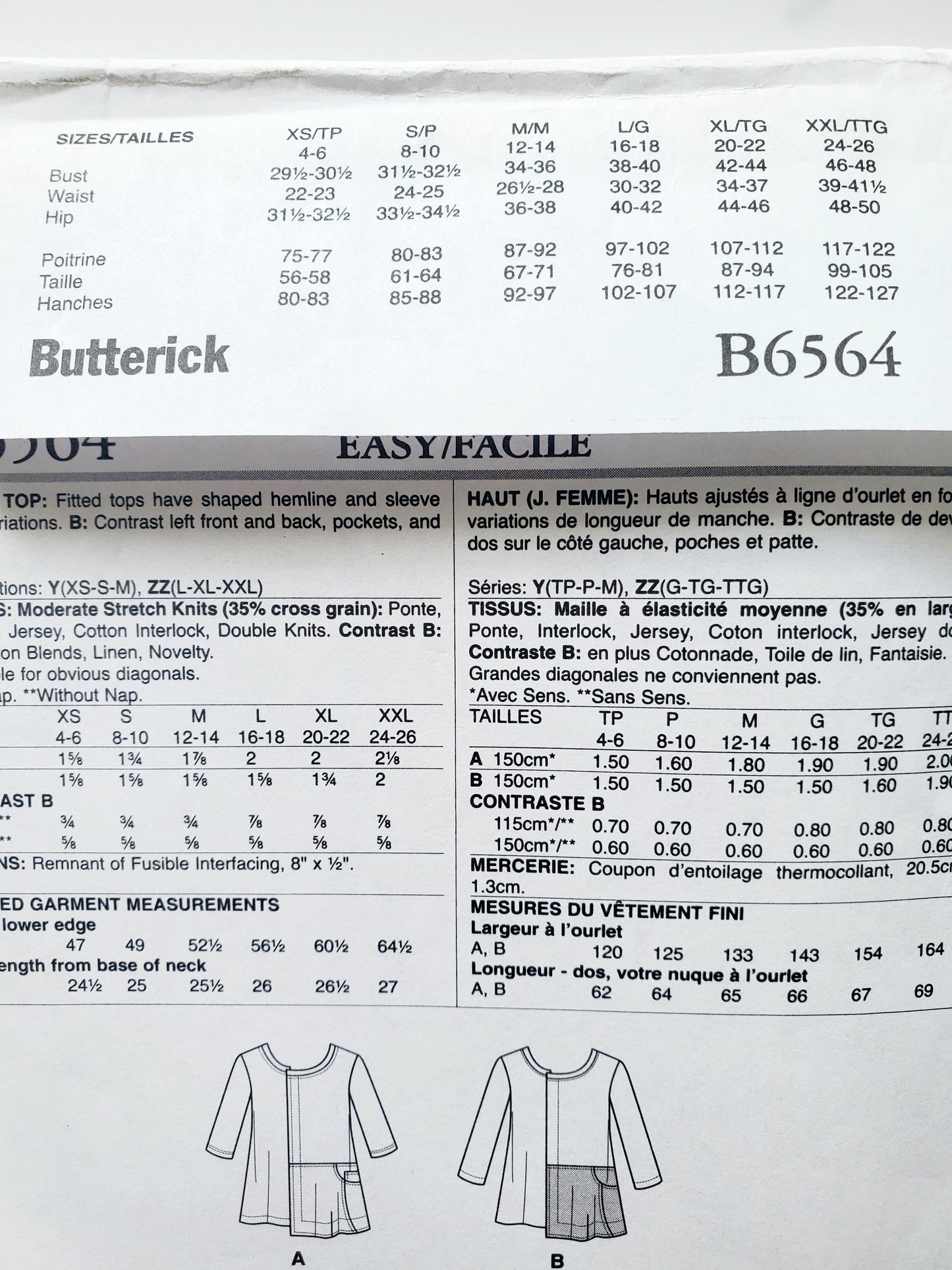 BUTTERICK Sewing Pattern B6564, Top, Fitted, Shaped Hemline, Pockets, Size 4-14