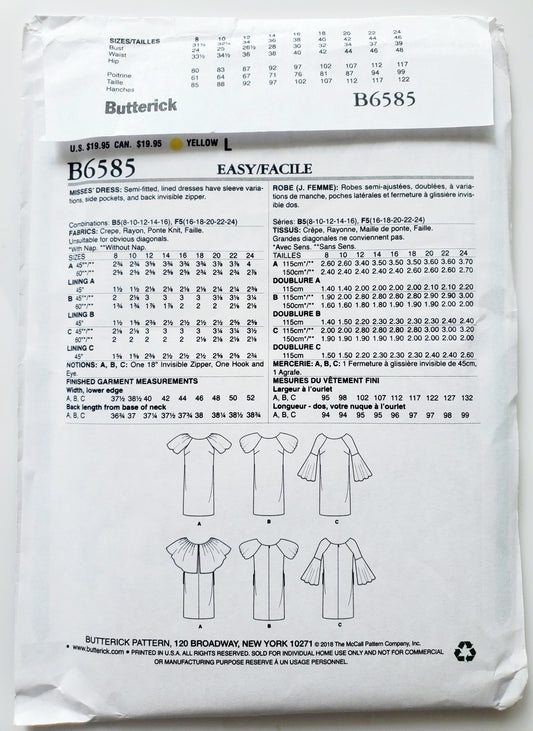 BUTTERICK Sewing Pattern B6585, Dress, Semi-Fitted, Side Pockets, Size 16-24