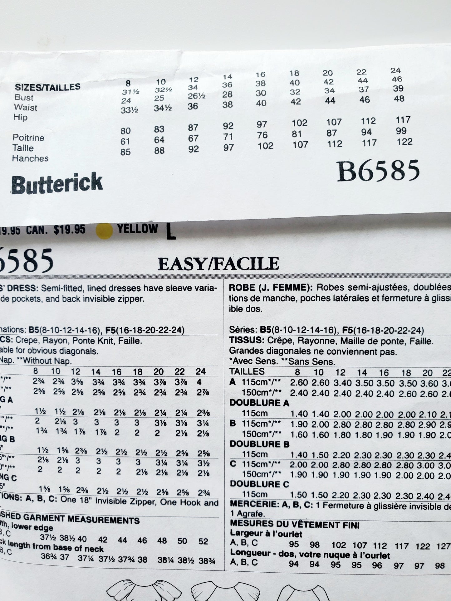 BUTTERICK Sewing Pattern B6585, Dress, Semi-Fitted, Side Pockets, Size 16-24