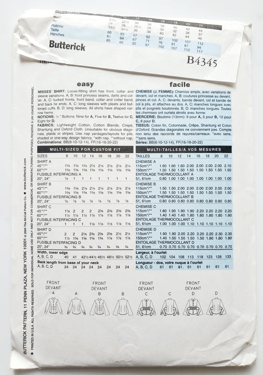 BUTTERICK Sewing Pattern B4345, Shirt, Loose-Fitting, Shaped Hemline, Size 16-22