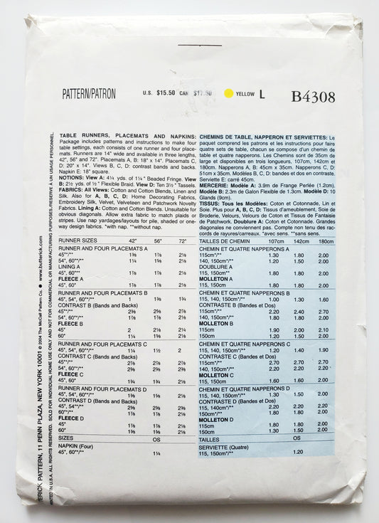 BUTTERICK Sewing Pattern B4308, Craft, Home, Table Runners, Placemats, Napkins