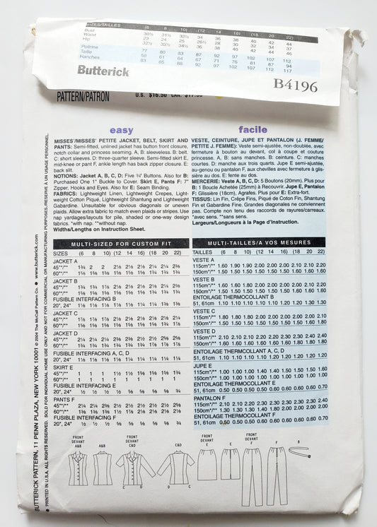 BUTTERICK Sewing Pattern B4196, Jacket, Belt, Skirt, Pants, Notch Collar, Size 12-16