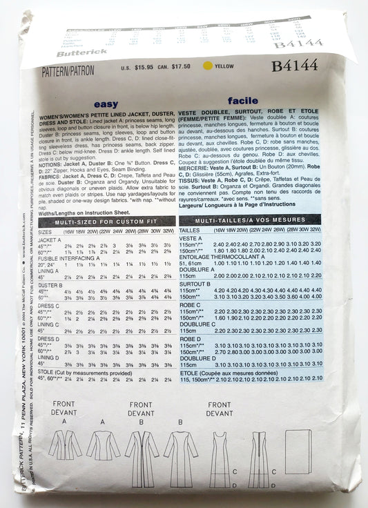 BUTTERICK Sewing Pattern B4144, Jacket, Duster, Dress, Stole, Size 22-26