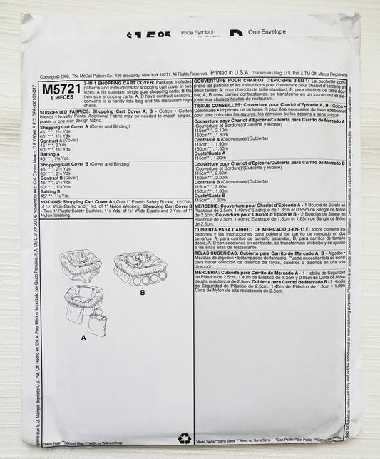 MCCALLS Sewing Pattern M5721, McCalls Craft, Shopping Cart Cover, Trolley Cover, Baby, Toddler
