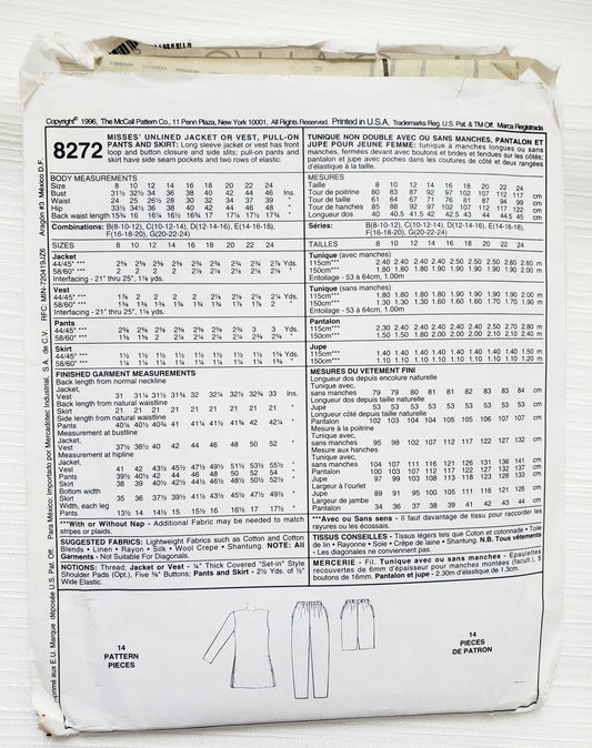 MCCALLS Sewing Pattern 8272, Jacket, Vest, Pants, Pull-on Pants, Skirt, Slits, Size 8-12
