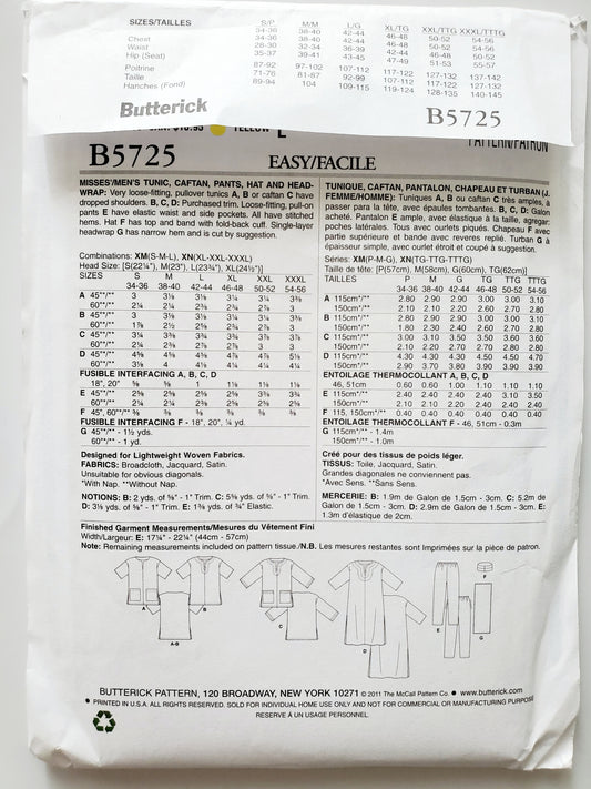 BUTTERICK Sewing Pattern B5725, Mens Womens Tunic Caftan Pants, Hat Head Wrap XLG- XXXL