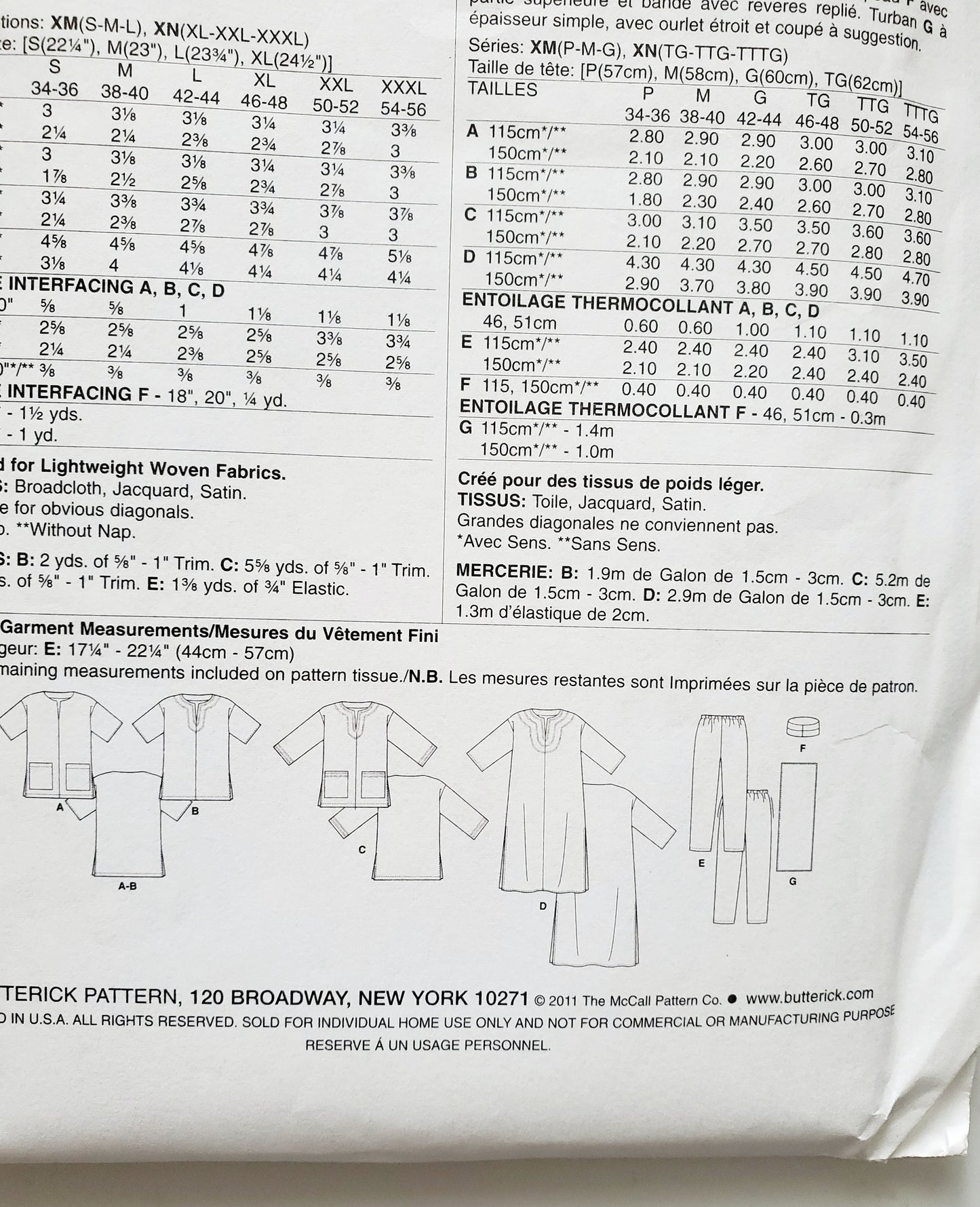 BUTTERICK Sewing Pattern B5725, Mens Womens Tunic Caftan Pants, Hat Head Wrap XLG- XXXL