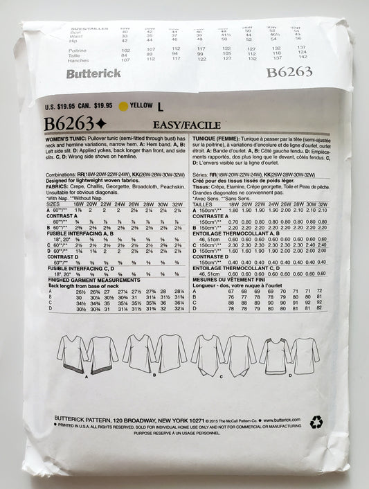BUTTERICK Sewing Pattern B6263, Tunic, Long Tops, Uneven Hem, Variations, Plus Size 26-32