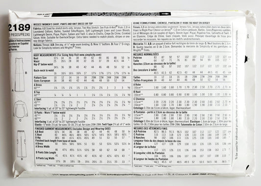 SIMPLICITY Sewing Pattern 2189, Shirt, Pants, Cargo Pants, Knit Top, Knit Dress, Size 20-28