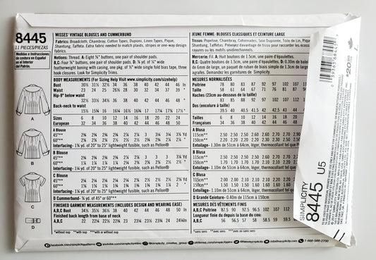 SIMPLICITY Sewing Pattern 8445, Vintage, 50's, Blouse, Cummerbund, Top, Size 16-24