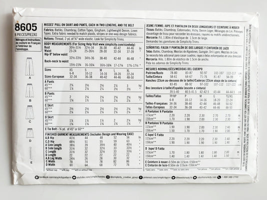 SIMPLICITY Sewing Pattern 8605, Skirt, Pull on Skirt, Pants, Pull on Pants, Tie Belt, Size 6-24