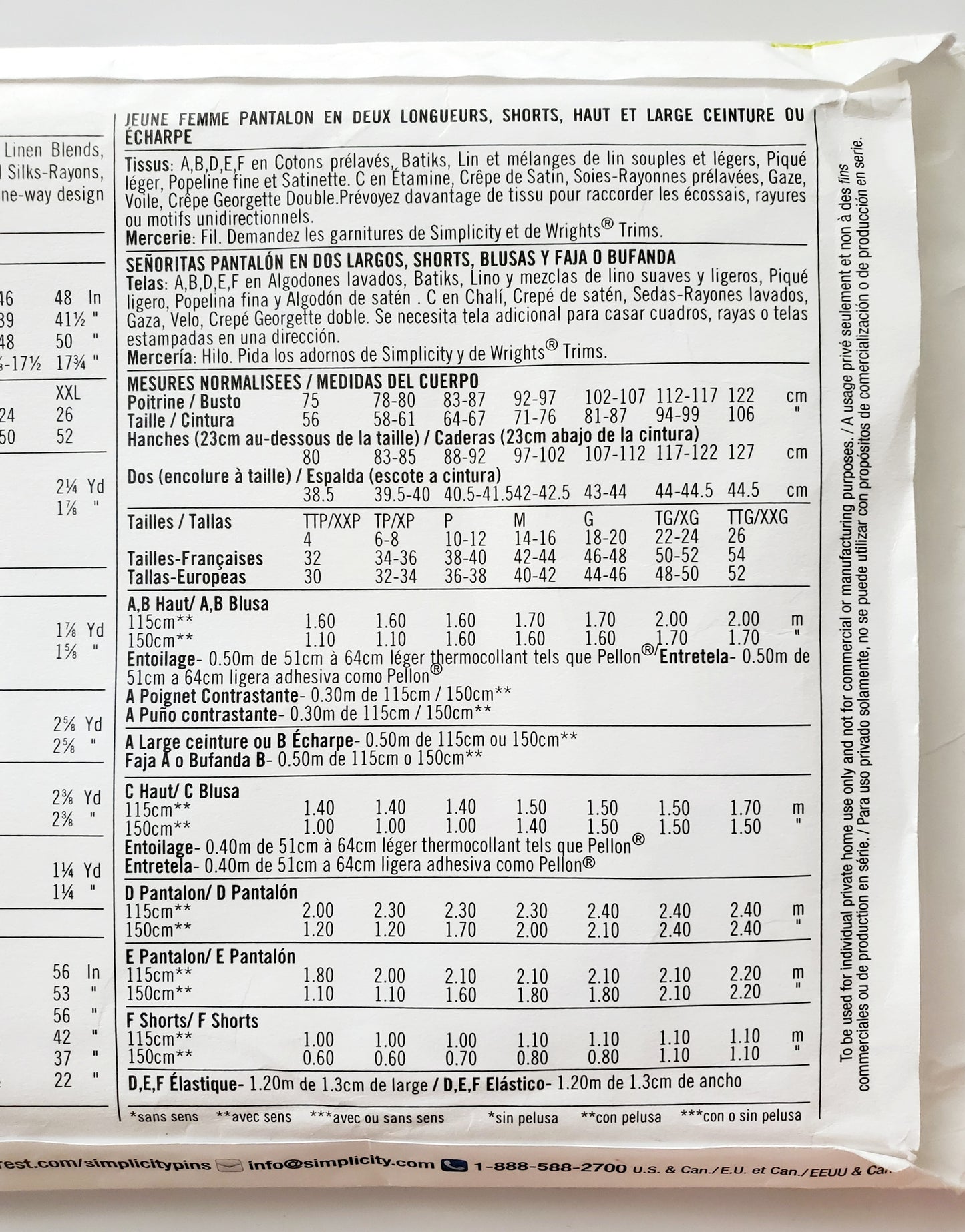 SIMPLICITY Sewing Pattern 1618, Pants, Shorts, Tops, Sash, Scarf, Size 4-26