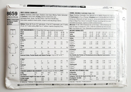 SIMPLICITY Sewing Pattern 8659, Mens, Vintage, 50's, Shorts, Shirt, Cabana, Size XS-XL