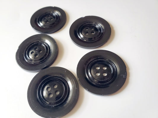 Vintage Bakelite Black 4-Holed Sewing Buttons, Size 34mm, 3.4cm, QTY 5