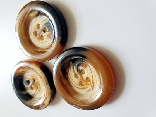 Large Brown & Beige Sewing Buttons, Swirls, Round, 4-Holed Buttons, Size 34mm, 3.4cm, Plastic QTY 3