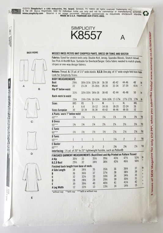 SIMPLICITY Sewing Pattern K8557, Cropped Pants, Dress, Tunic, Duster, Size XXS-XXL, Size 4-26