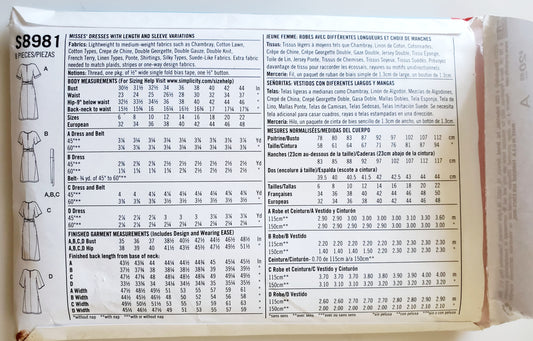 SIMPLICITY Sewing Pattern S8981, Dress, Fabric Belt, Size 6-14