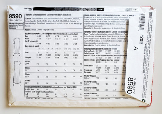 SIMPLICITY Sewing Pattern 8590, Dress, Knit Dress, Plus Size, Size 22-40