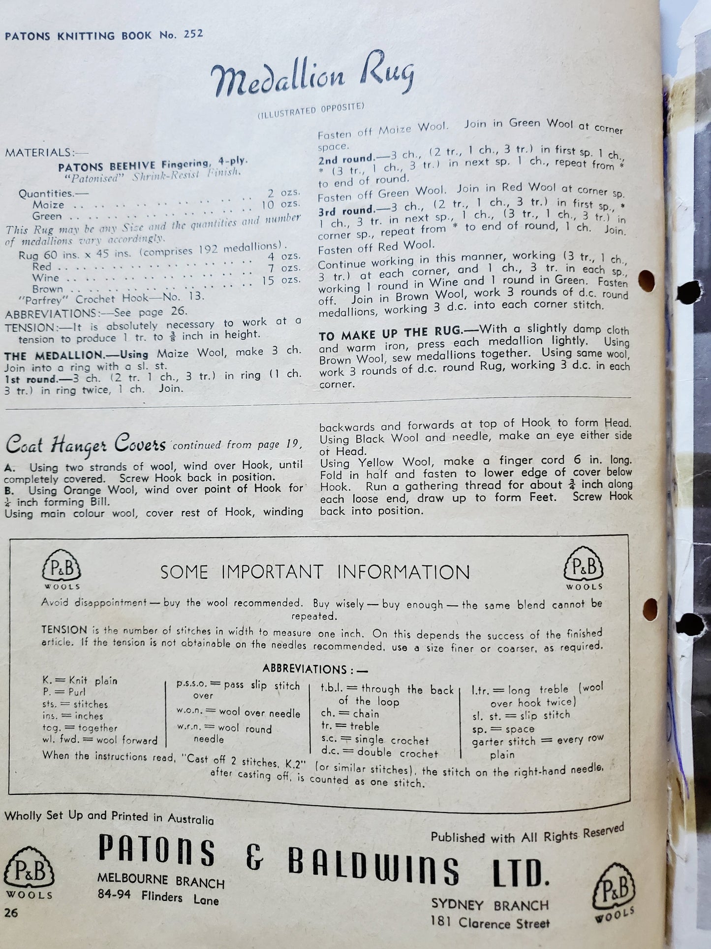 Vintage 1950's Patons Knitting Book No. 252. Tea Cozy Lampshade Bag Toy Rugs